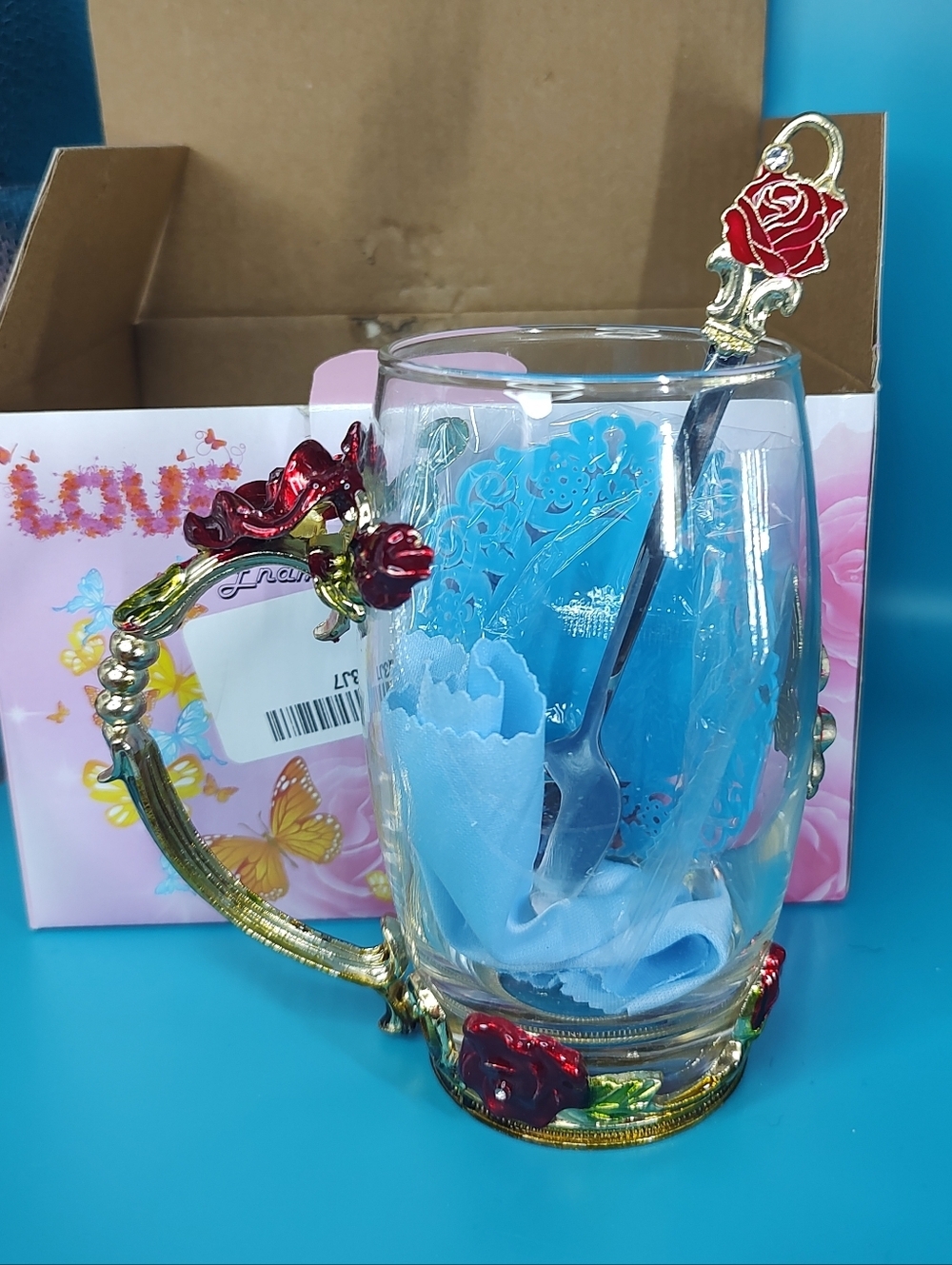 💥 3/$20 Handicraft Crystal Glass 3D Flower Tea Cup with Spoon Red Rose Accents